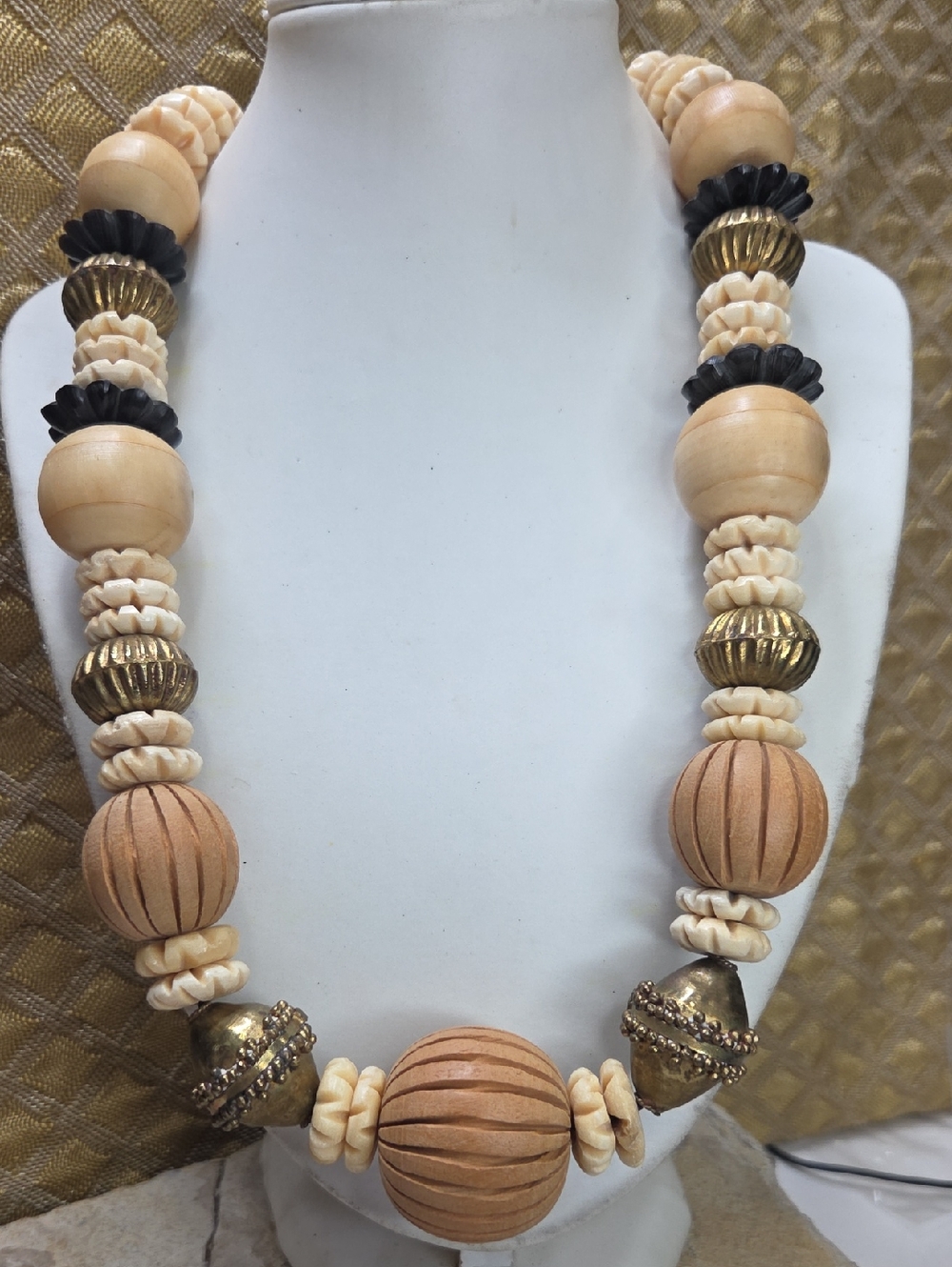 Carved Bone, Carved Horn And Brass Beaded Statement Tribal Necklace
